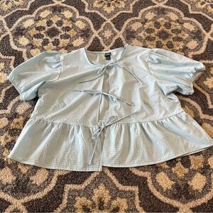 Wild Fable Light Blue Gingham Tie Front Peplum Crop Top XL Puff Sleeve Babydoll